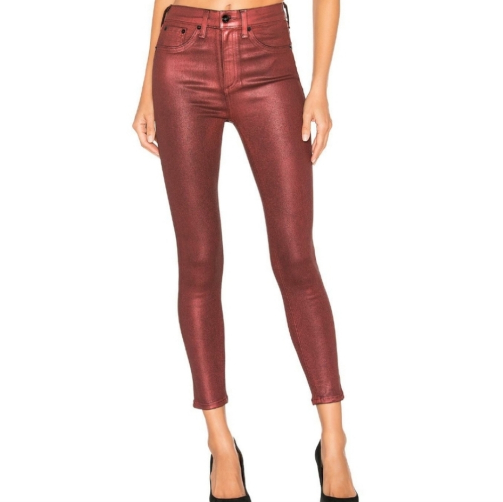RAG & BONE RED METALLIC HIGH RISE ANKLE SKINNY JEANS